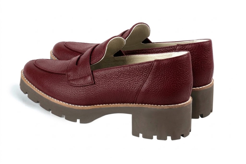 Women's burgundy lug-sole loafers with round toe and chunky rubber lug sole - Rear view